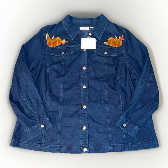 NWT Quaker Factory Denim Embroidered Pumpkin Long Sleeve ButtonUp Shirt Size 2XL - Picture 1 of 7
